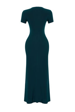 Zumrut Yesili K?sa Kol Vucuda Oturan Bisiklet Yaka Esnek Orme Maxi Kalem Elbise TWOSS24EL00097