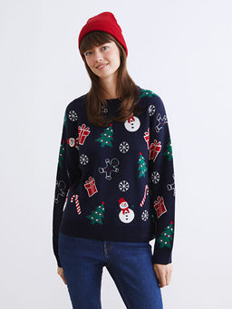 Bisiklet Yaka Y?lba?? Temal? Kad?n Triko Kazak