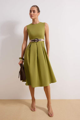 Haki Duz Kemerli Pili Detayl? Midi Dokuma Elbise TWOSS26EL00123