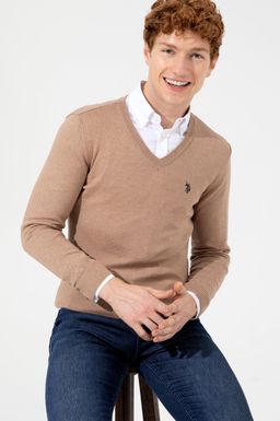 U. S. Polo Assn Мужской базовый трикотажный свитер светло-коричневого цвета с v-образным вырезом и меланжевым принтом