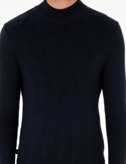 Lacivert Slim Fit Yar_m Bal_k__ Yaka Y_n Kar___ml_ Triko Kazak