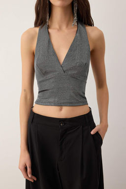 Gumus Duz V Yaka Kolsuz Orme Simli Orme Party Bluz TPRAW26BZ00042 - Trendyolmilla фото 3