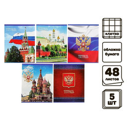 Комплект тетрадей из 5 шт (4 разные + 1 повторяющаяся МИКС), 48 листов, клетка, Россия, обложка мелованная бумага, блок №2, белизна 75% (серые листы)