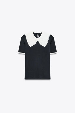CHUNKY KNIT COLLAR T-SHIRT WITH BOW