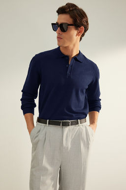 Lacivert Erkek Regular Polo Yaka Duz Triko Kazak TMNAW24KZ00067