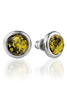 Небольшие серьги-пусеты из натурального янтаря зелёного цвета Ягодки