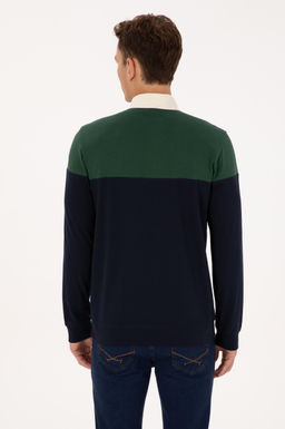 Erkek Regular Fit Polo Yaka Koyu Ye_il Sweatshirt