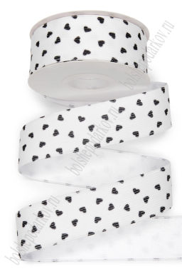 Лента вельвет/атлас "Сердечки" 3,8 см*10 ярд (SF-8058) белый №1