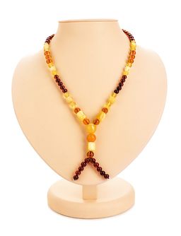 Бусы Пекин из натурального янтаря разных цветов с привеской-хвостом