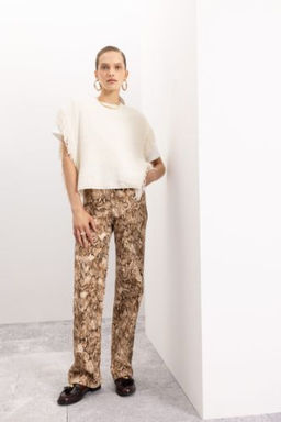 Gabardin Pantolon Straight Fit Y?lan Derisi Desenli Yuksek Bel Cepli Uzun