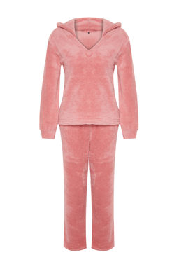 Pembe Wellsoft Kapuson Kulak Detayl? K?sl?k Orme Pijama Tak?m? THMAW24PT00030