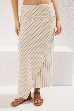 Bej Keten Gorunumlu Kumas Cizgili Buzgu Detayl? Midi Boy Dokuma Etek TWOSS25ET00051