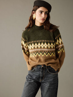 Yar?m Bal?k?? Yaka Desenli Kad?n Triko Kazak