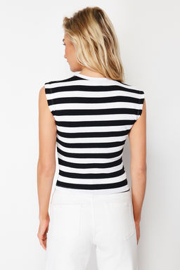 Siyah-Cok Renkli 2li Paket Cizgili ve Duz Fitilli Crop Ay Kol Esnek Orme Bluz TWOSS24BZ00367 - Trendyolmilla фото 6