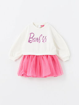 Bisiklet Yaka Uzun Kollu Barbie Bask?l? K?z Bebek Elbise