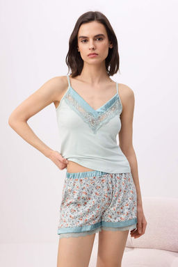 Mint Cicekli Dantel ve Saten Detayl? Orme Pijama Tak?m? THMSS26PT00141