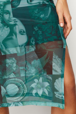 Zumrut Yesili Ask?l? Fitted/Vucuda Oturan Kare Yaka Tul Esnek Orme Midi Kalem Elbise TWOSS22EL00726