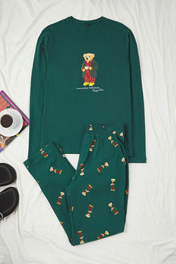 Ye_il Regular Fit Ay_c_k Bask_l_ %100 Pamuk _rme Pijama Tak_m_ TMNAW26PT00007
