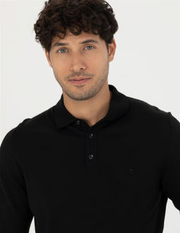 Siyah Regular Fit Polo Yaka Y_n Kar___ml_ Basic Triko Kazak
