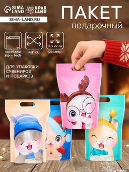 Цена за 50 шт. Пакет подарочный новогодний, с zip-lock застежкой, «Зимние котята», 15×22 см
