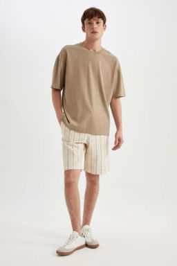 Regular Fit Keten Gorunumlu Bermuda Sort