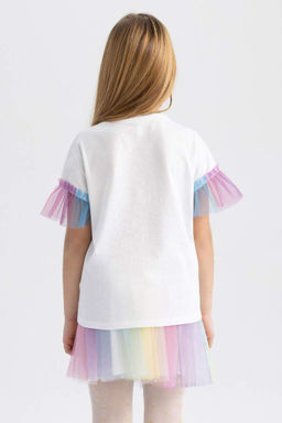 Белая футболка с короткими рукавами из тюля с принтом для девочек - Defacto фото 6