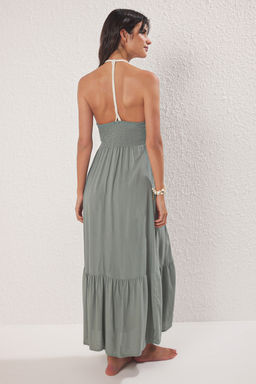 Haki Dokuma S?rt Dekolteli Maxi Plaj Elbise TBESS25EL00109