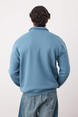 Mavi Oversize/Genis Kesim Polo Yaka Nak?sl? Kal?n Ici Sardonlu Sweatshirt TMNAW26SW00011 - Trendyolmilla фото 4