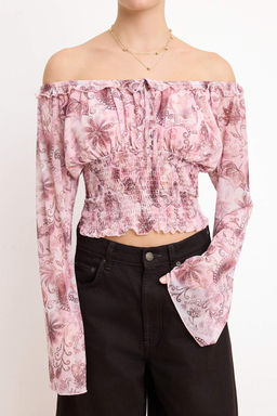 Cok Renkli Sal Desen Fitted/Vucuda Oturan Havuz Yaka Gipeli Crop Tul Orme Bluz TWOSS26BZ00146 - Trendyolmilla фото 3