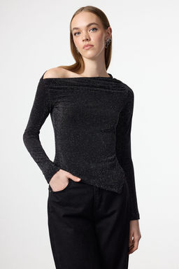 Antrasit Asimetrik Yaka Simli Orme S?k/Gece Party Bluz TPRAW25BZ00018