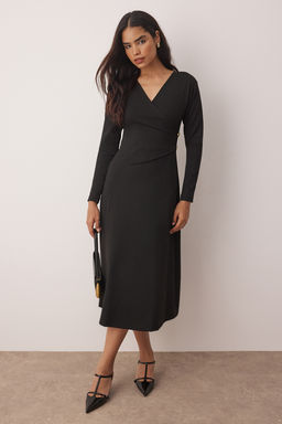 Siyah Duz Dugmeli Skater/Belden Ac?lan Midi Orme Elbise TWOAW26EL00058