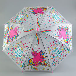 Зонт - трость детский «Розовый единорог», полуавтоматический, 8 спиц, R=41/47 см, d=82 см, белый