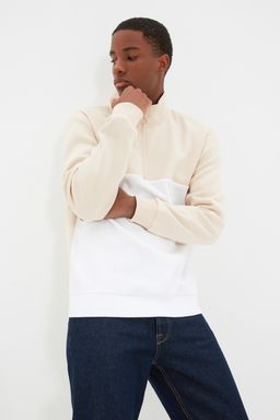 Bej Regular/Normal Kesim Dik Yaka Panelli Fermuarl? Ici Polar/S?cak Tutan Sweatshirt TMNAW21SW0347