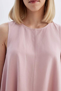 Льняное мини-платье А-силуэта с круглым вырезом и без рукавов - Defacto фото 8