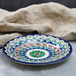 Тарелка Риштанская Керамика Цветы, синяя, плоская, 17 см, микс