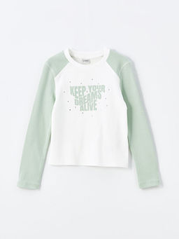 Bisiklet Yaka Bask?l? K?z ?ocuk Crop Ti??rt