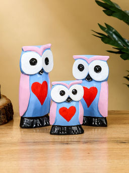 Набор сувенирный Совята с сердечком, h=15 см, h=13 см, h=11 см, дерево, сиренево-голубой