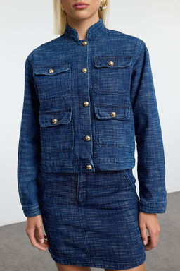 Indigo Gold Dugme Detayl? Efektli Denim Ceket TWOAW25CE00056