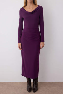 Murdum Duz Buzgulu Kay?k Yaka Astarl? Bodycone/Vucuda Oturan Maxi Orme Elbise TWOAW26EL00063