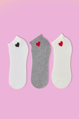 Beyaz-Gri 3lu Kalp Bask?l? Yar?m Boy Orme Corap THMSS25CO00009