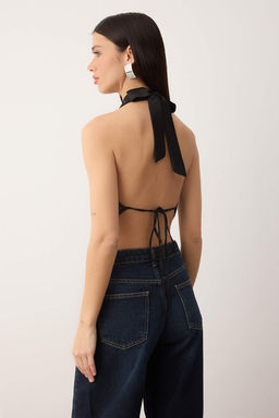 Siyah Tas Bask? Degaje Yaka Kolsuz Saten Party Bluz TPRAW26BZ00057 - Trendyolmilla фото 3