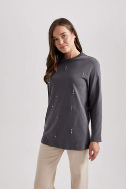 Футболка-туника с длинными рукавами из чесаного хлопка с круглым вырезом и вышивкой обычного кроя - Defacto фото 6