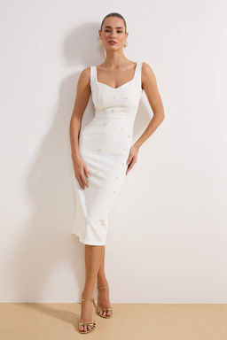 Beyaz Cicek Aplike Detayl? Astarl? Dokuma Dugun/Nikah Elbise TPRSS26EL00045