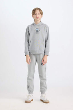 Серый толстый свитшот обычного кроя с капюшоном и принтом на спине для мальчиков - Defacto фото 2