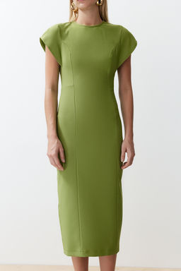 Yesil Vucudu Saran Dusuk Kol Bisiklet Yaka Midi Kalem Etek Dokuma Elbise TWOSS24EL00608 - Trendyolmilla фото 5