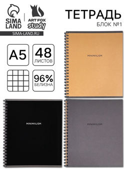 Цена за 2 шт. Тетрадь в клетку, 48 л., А5, на спирали, блок №1 «Минимализм» МИКС