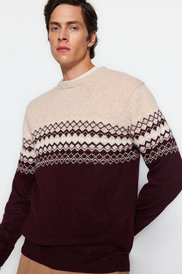 Bordo Slim Fit Y_nl_ Bisiklet Yaka Panel Jakarl_ Triko Kazak TMNAW21KZ0738