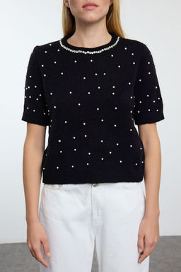 Siyah Yunlu Inci ve Tas Islemeli Triko Kazak TWOAW25KZ00127 - Trendyolmilla фото 3