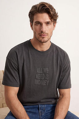Antrasit Oversize/Geni_ Kal_p Slogan Bask_l_ T-Shirt TMNSS26TS00071 - Trendyolmilla фото 2