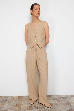 Lacivert %100 Keten Beli Lastikli Yuksek Bel Wide Leg Pantolon TWOSS24JE00249 - Trendyolmilla фото 7